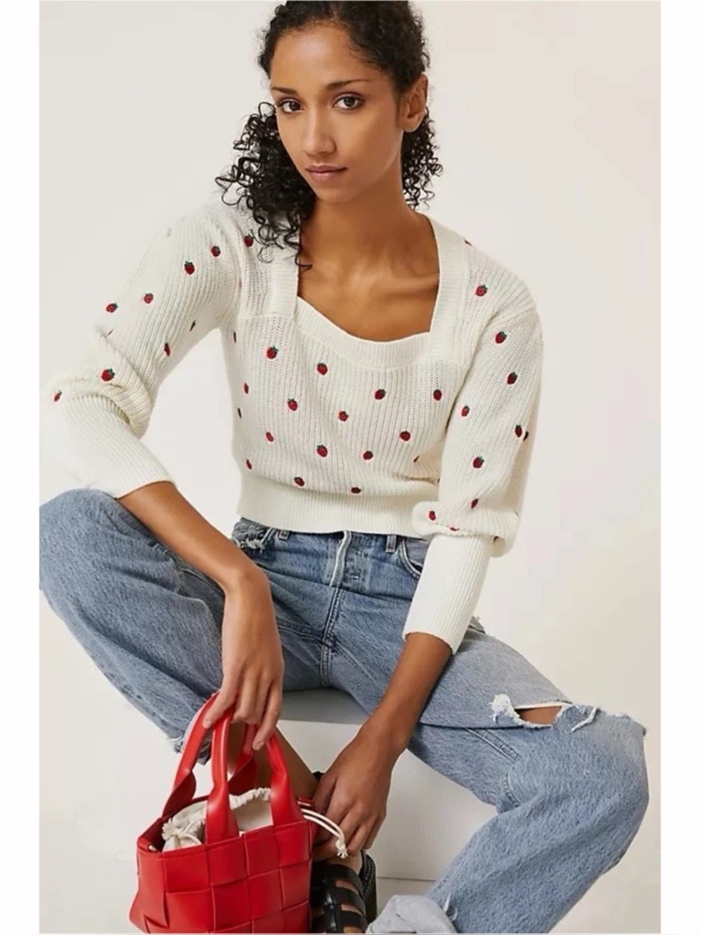Maeve Anthropologie Sweater Womens XL Strawberry Fruit Embroidered Novelty Cute